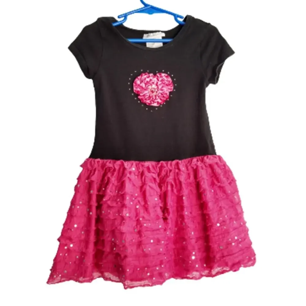 Bonnie Jean Party Dress Ruffles Short Sleeves Rhinestones Sequins Pink Black 4T - Picture 1 of 6